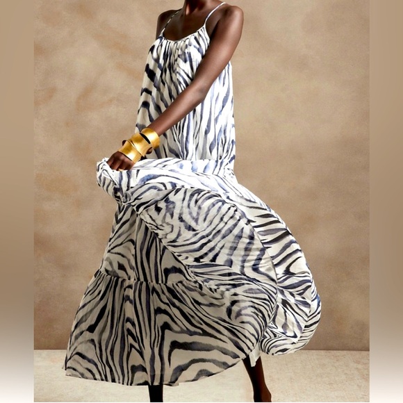 Banana Republic Canna Ramie Maxi Dress- White/Navy Blue Zebra Print - Picture 5 of 6